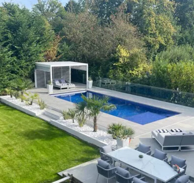Poolcraft Ltd -Sunningdale case study - after shot of pool with hard landscaping completed