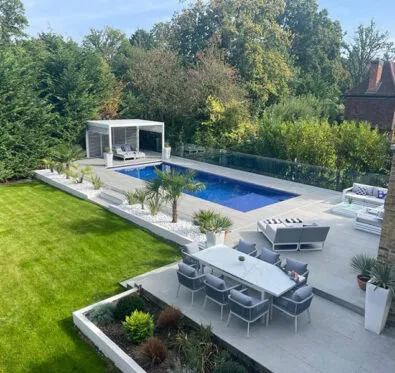 Poolcraft Ltd -Sunningdale case study - after shot of pool with hard landscaping completed